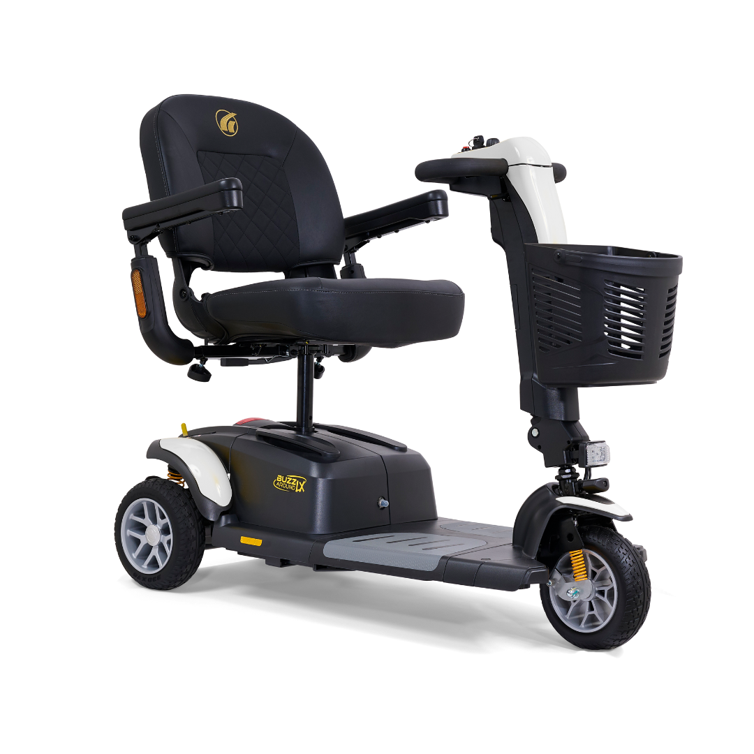 The Golden Buzzaround LX GB119 is a high-end 3-wheel mobility scooter in elegant black and white, equipped with a plush seat, armrests, and a front basket. Its design and control handlebar make it perfect for personal transportation.