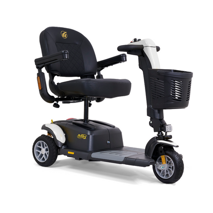 The Golden Buzzaround LX GB119 is a high-end 3-wheel mobility scooter in elegant black and white, equipped with a plush seat, armrests, and a front basket. Its design and control handlebar make it perfect for personal transportation.