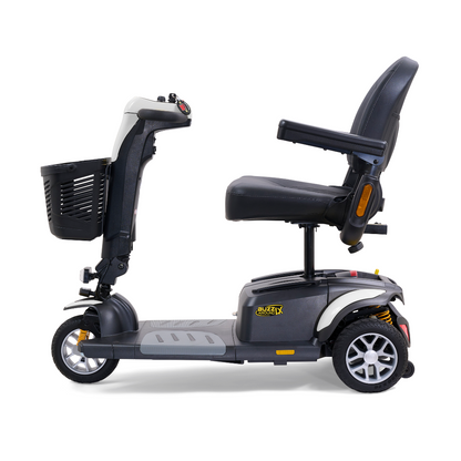Side view of the elegant Golden Buzzaround LX GB119 - Heavy Duty 3 Wheel Portable Mobility Scooter in black and gray. It includes a seat, backrest, armrests, and a front basket for comfortable personal transportation.