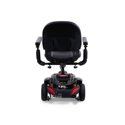 The Golden Buzzaround LX GB119 is a heavy-duty 3-wheel portable mobility scooter that, when viewed from the front, boasts a padded seat and armrests. Its straightforward design is enhanced by red accents, blending elegance with convenience.