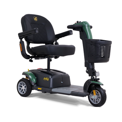 The Golden Buzzaround LX GB119 is a high-end, heavy-duty three-wheel portable mobility scooter available in striking black and green. It features a comfortable, padded seat with armrests, handlebar controls, and a front basket for convenient storage. Its robust design is complemented by small headlights, which enhance its premium look while ensuring it remains easy to transport.