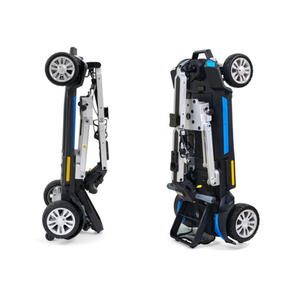 In two views, the folded Golden Technologies Portable Buzzaround GB120 Carry-On Travel Scooter showcases its compact and ultra-portable design with stylish silver and blue accents. The scooter features visible wheels and a modern appearance, equipped with a fold-flat mechanism and a lithium-ion battery for easy storage or transportation.