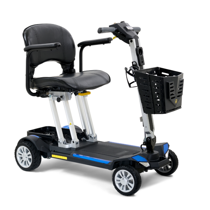 Introducing the Golden Technologies Portable Buzzaround GB120 Carry-On Travel Scooter: a compact, four-wheeled fold-flat scooter equipped with a black cushioned seat and backrest. It features handlebars, a convenient front basket, and a sturdy frame highlighted with blue accents. This ultra-portable model is powered by a reliable lithium-ion battery.