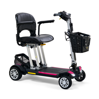 The Golden Technologies Portable Buzzaround GB120 Carry-On Travel Scooter boasts a black cushioned seat, armrests, and handlebars. With four wheels and a convenient front basket, this ultra-portable scooter also features stylish red accent panels. Its compact design includes a reliable lithium-ion battery, making it perfect for modern personal transportation.