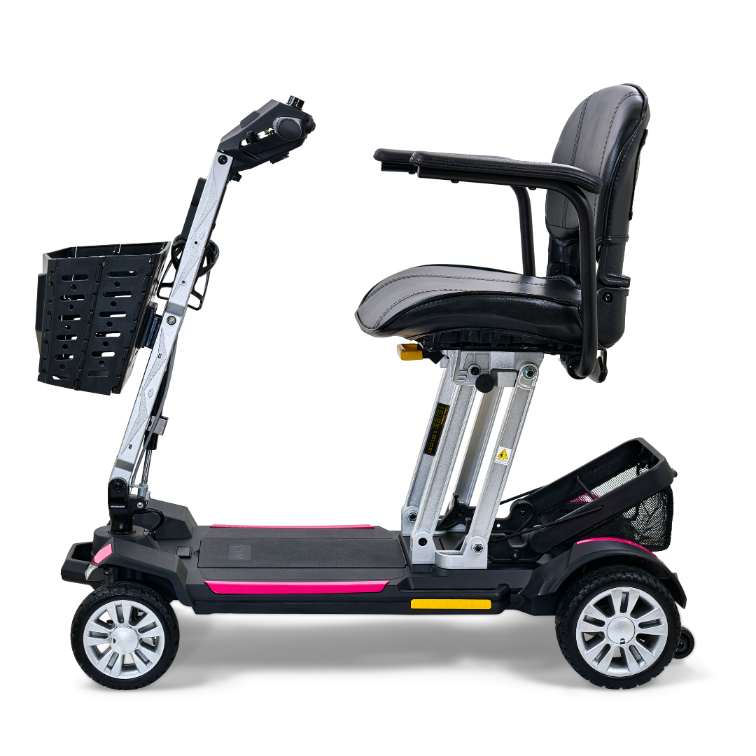 Side view of the Golden Technologies Portable Buzzaround GB120 Carry-On Travel Scooter, showcasing its ultra-portable, fold-flat design with a black seat, armrests, and a small front basket. This compact mobility scooter features four wheels and a sturdy frame, designed for easy transport and storage with a long-lasting lithium-ion battery.