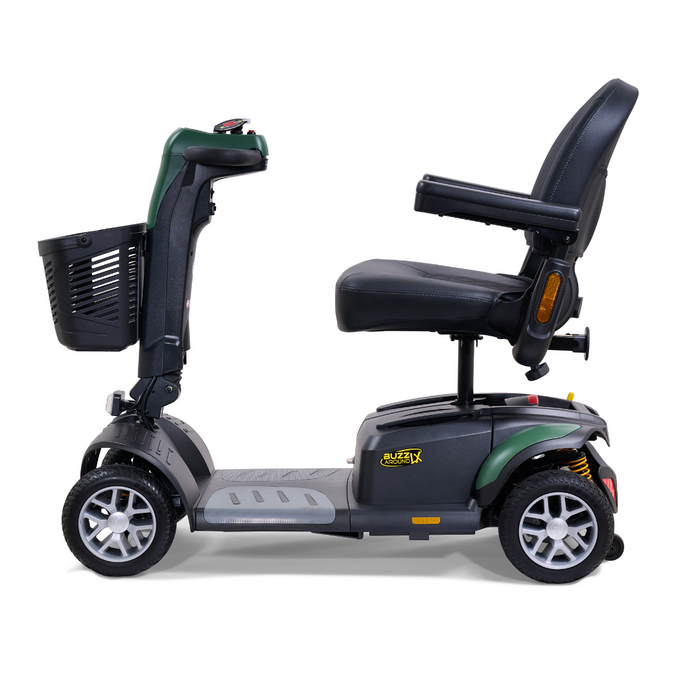 The Golden Buzzaround LX GB149 is a stylish black and green heavy-duty 4-wheel portable mobility scooter equipped with a padded seat, armrests, an adjustable tiller, and a front basket. It offers convenient personal transportation for individuals facing mobility challenges, ensuring ease of use and reliable performance.