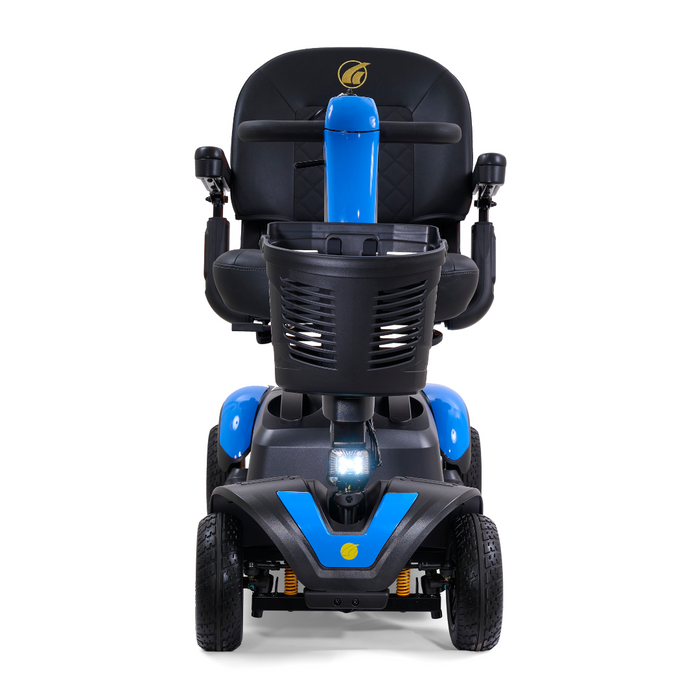 A front view of the Golden Buzzaround LX GB149 - Heavy Duty 4 Wheel Portable Mobility Scooter showcases a blue and black design with four wheels and a cushioned seat. This scooter features an adjustable tiller and a steering column with an attached basket, providing comfort and convenience for travel.