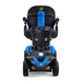 A front view of the Golden Buzzaround LX GB149 - Heavy Duty 4 Wheel Portable Mobility Scooter showcases a blue and black design with four wheels and a cushioned seat. This scooter features an adjustable tiller and a steering column with an attached basket, providing comfort and convenience for travel.