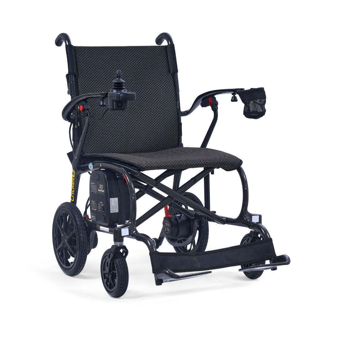 The Golden Cricket™ LT Carbon Portable Lightweight Powerchair (only 25 lbs) features a black frame, right armrest joystick, mesh backrest, padded seat, front and rear wheels, and a left armrest storage pouch for exceptional freedom.