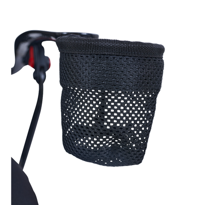 Close-up of a black mesh cup holder on a chair arm, perfect for keeping drinks accessible while using your Golden Cricket™ LT Carbon Portable Lightweight Powerchair—an ultra-light, 25 lb mobility solution.