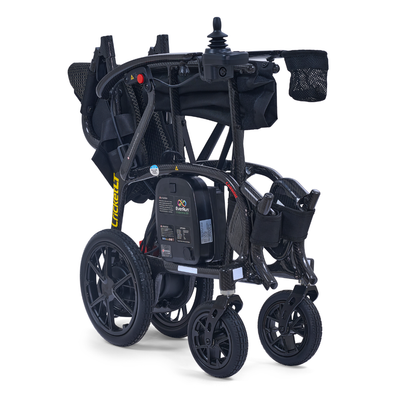 The Golden Cricket™ LT Carbon Portable Lightweight Powerchair weighs just 25 lbs, features large rear wheels, joystick control, storage baskets, and a sleek carbon racket-inspired foldable design for ultimate freedom and easy transport.