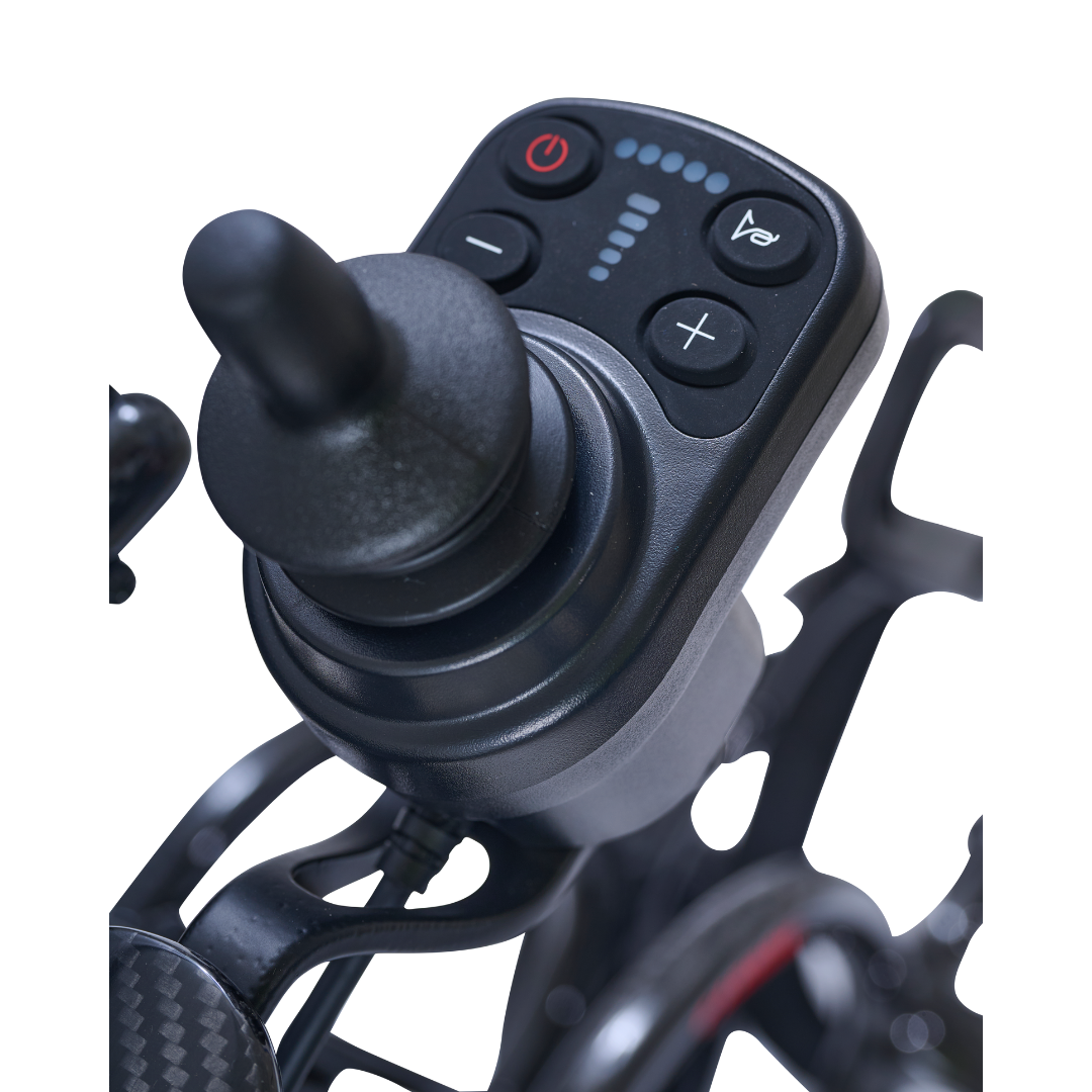 Close-up of a black joystick with buttons and LEDs, mounted on the Golden Cricket™ LT Carbon Portable Lightweight Powerchair (only 25 lbs), offering exceptional freedom and control against a white background.