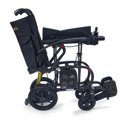 A folded black Golden Cricket™ LT Carbon Portable Lightweight Powerchair (only 25 lbs) with a control joystick on the armrest, large rear wheels, smaller front wheels, and footrests—offering outstanding freedom and portability.