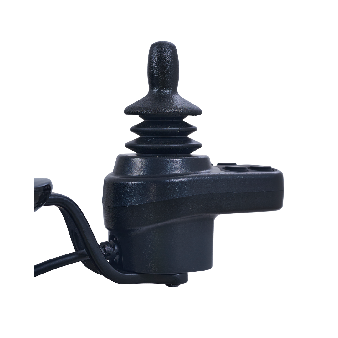 Close-up of the Golden Cricket™ LT Carbon Portable Lightweight Powerchair joystick, featuring a black flexible rubber cover for exceptional user control, shown against a plain white background.