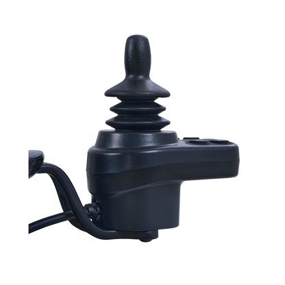 Close-up of the Golden Cricket™ LT Carbon Portable Lightweight Powerchair joystick, featuring a black flexible rubber cover for exceptional user control, shown against a plain white background.