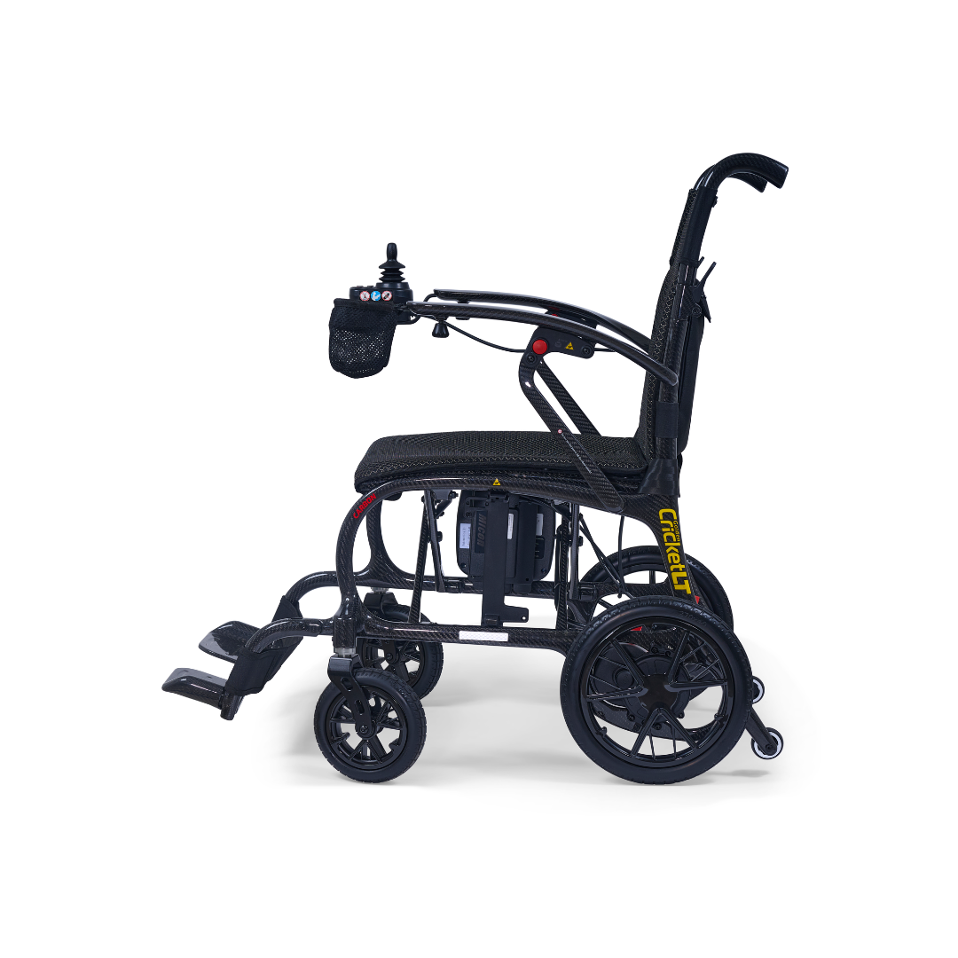 The Golden Cricket™ LT Carbon Portable Lightweight Powerchair (only 25 lbs) features a black frame, armrest joystick control, mesh pouch, and footrests—shown in profile on a white background for exceptional freedom.