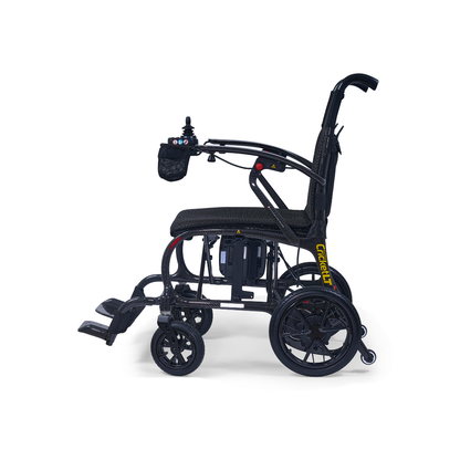 The Golden Cricket™ LT Carbon Portable Lightweight Powerchair (only 25 lbs) features a black frame, armrest joystick control, mesh pouch, and footrests—shown in profile on a white background for exceptional freedom.