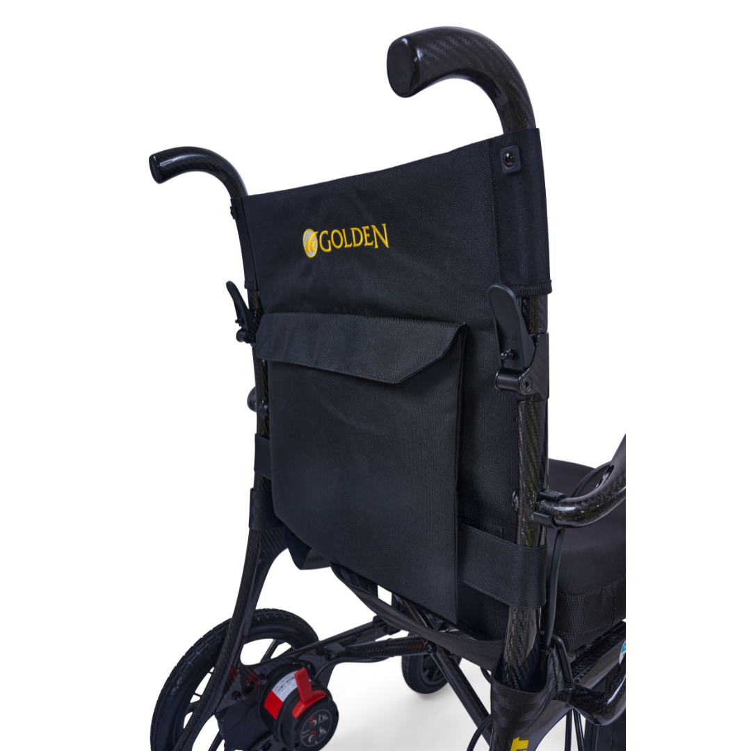 A close-up shows the back of the Golden Cricket™ LT Carbon Portable Lightweight Powerchair (only 25 lbs) with a sturdy black pocket and GOLDEN in yellow. Its lightweight carbon frame, curved armrests, and wheels are visible.