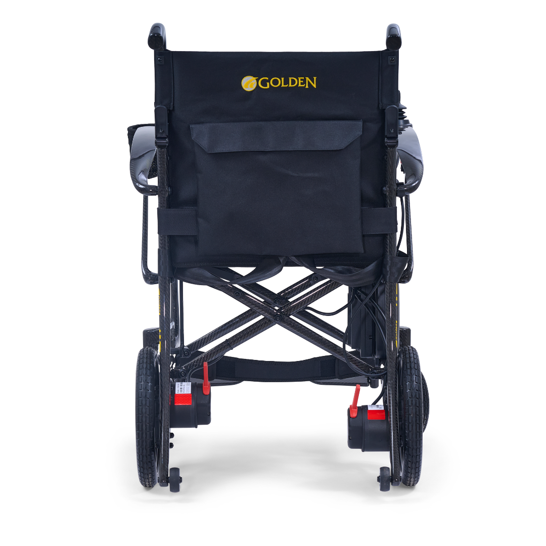 Rear view of the Golden Cricket™ LT Carbon Portable Lightweight Powerchair—just 25 lbs—with Golden branding on the backrest, large rear wheels, small front wheels, and a storage pocket, inspired by lightweight carbon racket design.