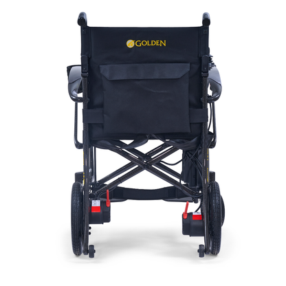 Rear view of the Golden Cricket™ LT Carbon Portable Lightweight Powerchair—just 25 lbs—with Golden branding on the backrest, large rear wheels, small front wheels, and a storage pocket, inspired by lightweight carbon racket design.