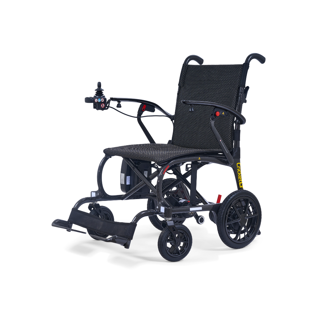 The Golden Cricket™ LT Carbon Portable Lightweight Powerchair—just 25 lbs—features a joystick armrest control, mesh seat and backrest, large rear wheels, and small front wheels to deliver exceptional mobility assistance.
