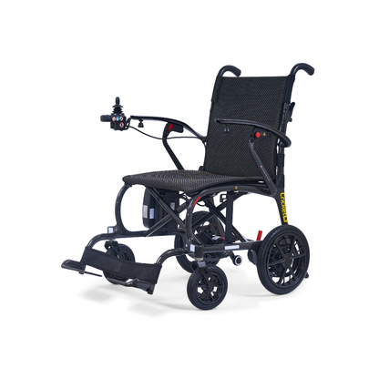 The Golden Cricket™ LT Carbon Portable Lightweight Powerchair—just 25 lbs—features a joystick armrest control, mesh seat and backrest, large rear wheels, and small front wheels to deliver exceptional mobility assistance.