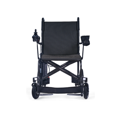 The Golden Cricket™ LT Carbon Portable Lightweight Powerchair—only 25 lbs—features a black mesh seat, right-armrest joystick, and foldable frame for exceptional freedom. Shown from the front against a white background.