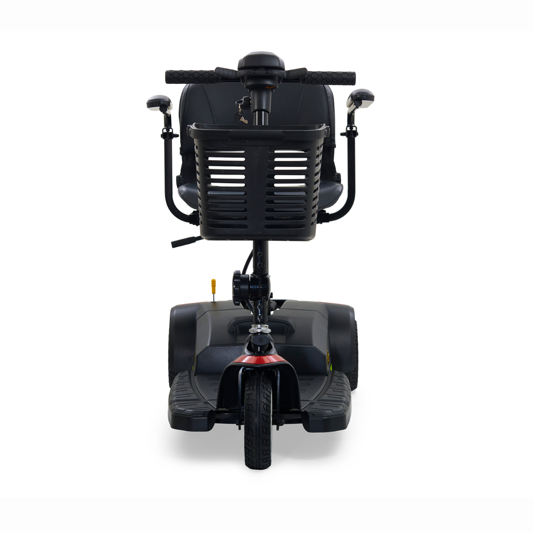 The Golden GB107 Buzzaround LT 3-Wheel Mobility Scooter features a sporty black and gray design with a front basket, handlebars, and a cushioned seat with armrests, providing lightweight comfort for versatile use.