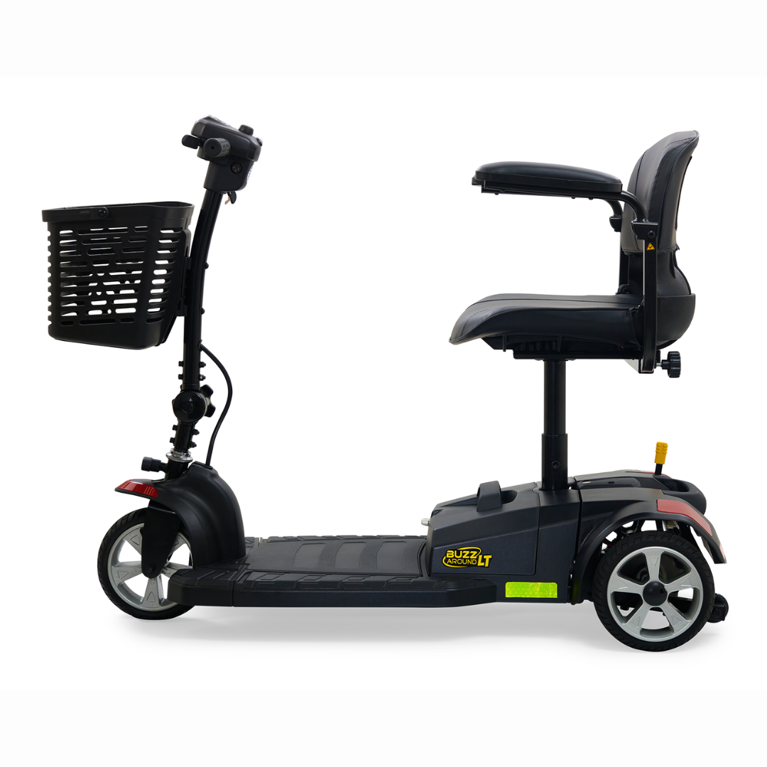 Side view of the Golden GB107 Buzzaround LT 3-Wheel Mobility Scooter in black, featuring a front basket, padded seat, sleek frame, sporty design, small digital display on the handlebar, and footrest platform for lightweight comfort.