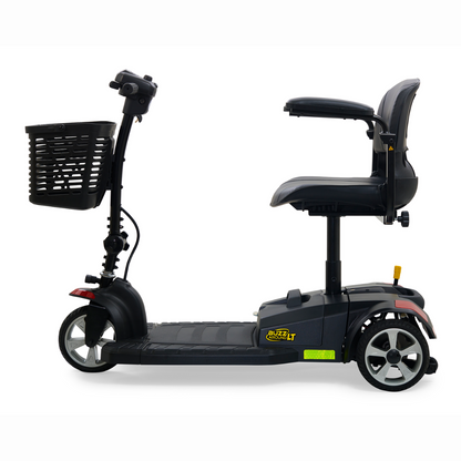 Side view of the Golden GB107 Buzzaround LT 3-Wheel Mobility Scooter in black, featuring a front basket, padded seat, sleek frame, sporty design, small digital display on the handlebar, and footrest platform for lightweight comfort.