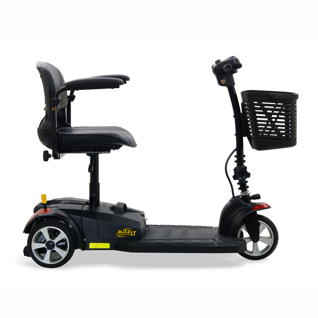 The Golden GB107 Buzzaround LT 3-Wheel Mobility Scooter is shown in side view on a white background. It has a sporty black design with a padded seat, armrests, handlebars on the tiller, and a front basket.