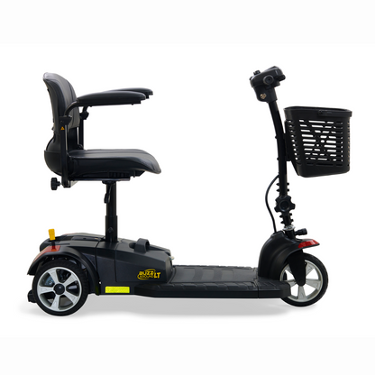 The Golden GB107 Buzzaround LT 3-Wheel Mobility Scooter is shown in side view on a white background. It has a sporty black design with a padded seat, armrests, handlebars on the tiller, and a front basket.
