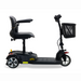 The Golden GB107 Buzzaround LT 3-Wheel Mobility Scooter is shown in side view on a white background. It has a sporty black design with a padded seat, armrests, handlebars on the tiller, and a front basket.