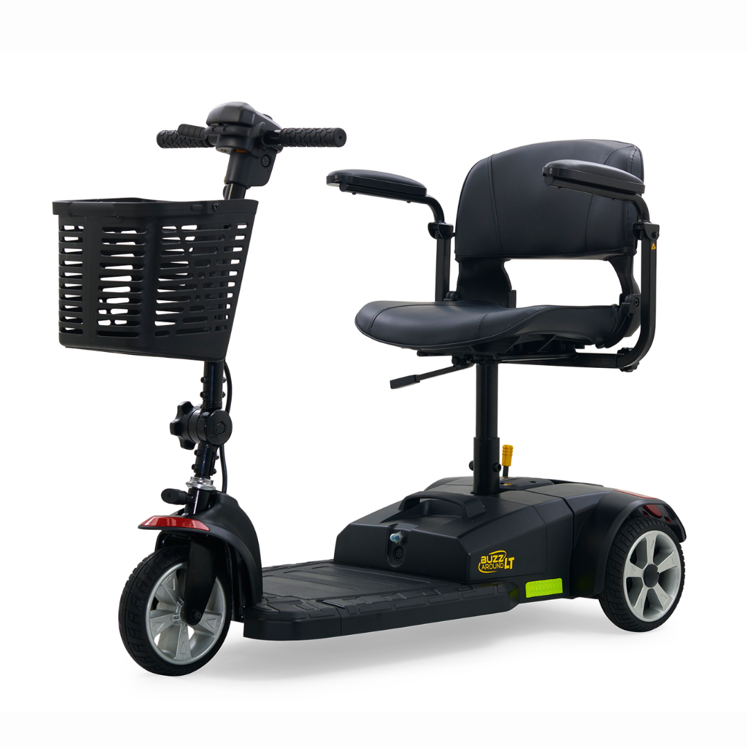 The Golden GB107 Buzzaround LT is a black, 3-wheel mobility scooter with a versatile design. It features a front basket, padded seat with armrests, and a handlebar for steering. Its lightweight frame ensures comfort and easy accessibility.