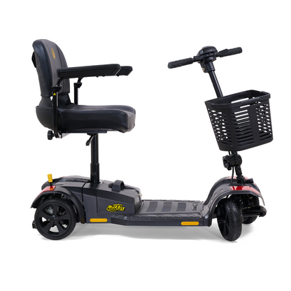 The Golden Tech GB108 Buzzaround LT 4-Wheel Mobility Scooter, shown from the side on a white background, features a lightweight stadium-style seat with padded armrests and a front basket. Supports up to 300 lbs.