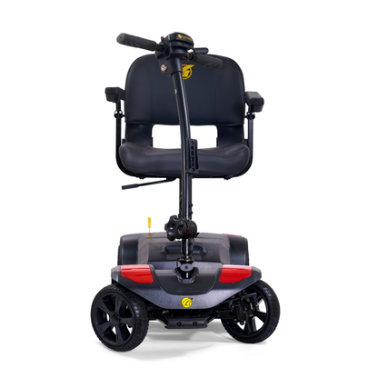 The Golden Tech GB108 Buzzaround LT is a compact, black 4-wheel mobility scooter with a lightweight stadium-style seat, padded armrests, handlebars, and supports up to 300 lbs; front view shown against a white background.