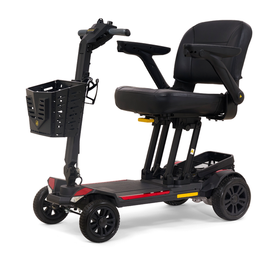 The Golden Buzzaround GB220 CarryOn HD Travel Scooter is a black and red, four-wheel, lightweight scooter with a padded seat, armrests, front storage basket, handlebar steering, and a 400 lb weight capacity for personal transportation.