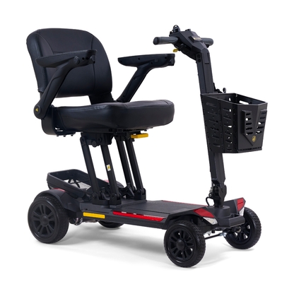 The Golden Buzzaround GB220 CarryOn HD Travel Scooter is a black, four-wheeled lightweight mobility device with padded seat, armrests, front basket, raised seat mechanism, handlebars, foot platform, and supports up to 400 lb.