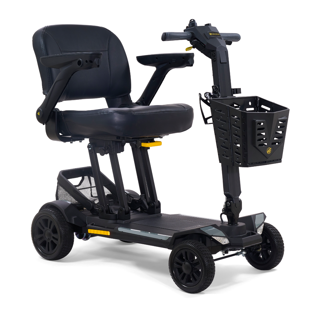 The Golden Buzzaround GB220 CarryOn HD Travel Scooter is a black, heavy-duty 4-wheel scooter with a padded seat, adjustable armrests, front basket, rear mesh storage, and supports up to 400 lbs for accessible personal transport.