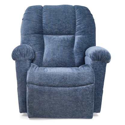The Golden Tech PR527 Cloud Recliner With Lift Assist & Twilight - SM/MD is a blue upholstered chair with plush armrests and a cushioned backrest, shown from the front on a white background.