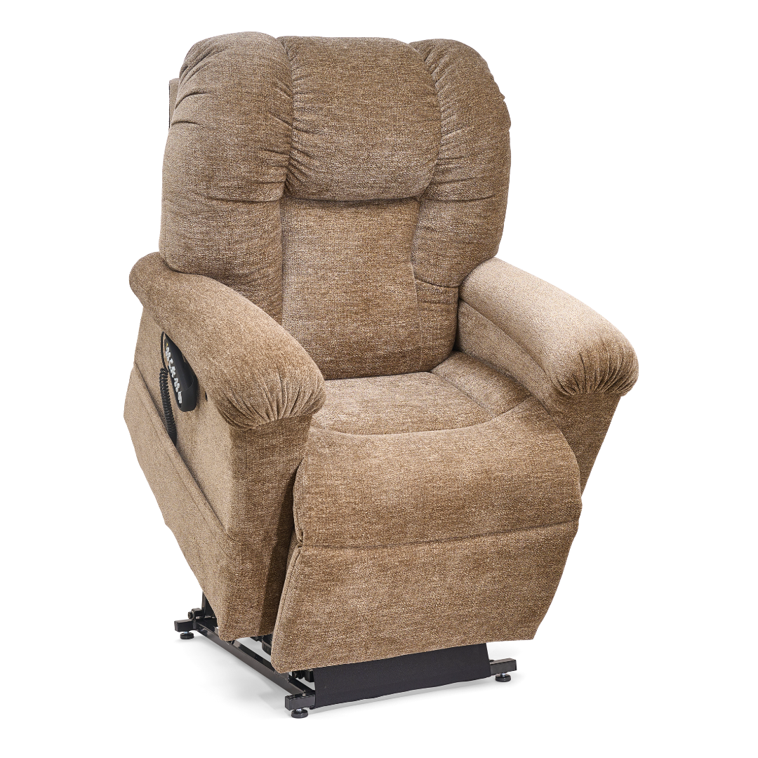 The Golden Tech PR527 Cloud Recliner with Lift Assist & Twilight - SM/MD is a brown fabric power lift chair featuring padded armrests and backrest, designed for comfort and mobility support, shown here partially elevated.