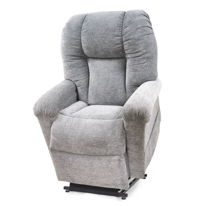 The Golden Tech PR527 Cloud Recliner With Lift Assist & Twilight - SM/MD is a plush, gray upholstered power recliner with padded armrests, high back, and a memory foam bucket seat for comfort, shown against a white background.