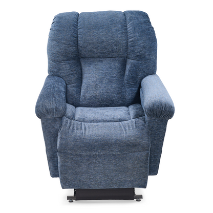 The Golden Tech PR527 Cloud Recliner With Lift Assist & Twilight - SM/MD is a plush blue memory foam chair with padded armrests and a cushioned backrest, shown from the front on a white background.
