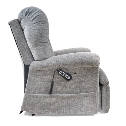 The Golden Tech PR527 Cloud Recliner With Lift Assist & Twilight - SM/MD is a gray upholstered power lift chair with a side-attached remote, shown in profile against a white background.