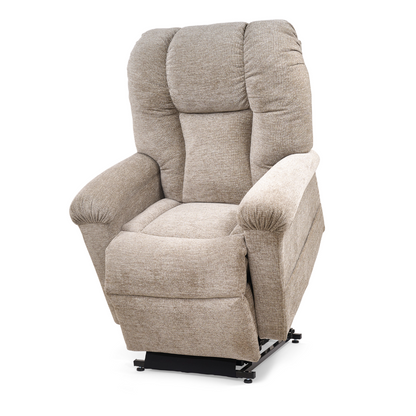 Golden Tech PR527 Cloud Recliner With Lift Assist & Twilight - SM/MD: Beige upholstered power lift recliner with memory foam bucket seat, padded backrest and armrests, shown partially elevated on a black metal base.