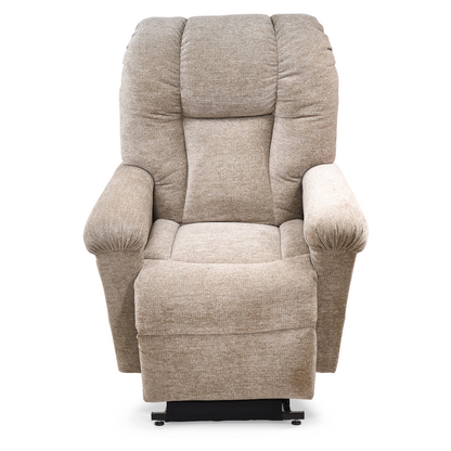 The Golden Tech PR527 Cloud Recliner With Lift Assist & Twilight - SM/MD is a beige upholstered power lift chair with plush cushions, a memory foam bucket seat, and padded armrests, shown from the front on a white background.