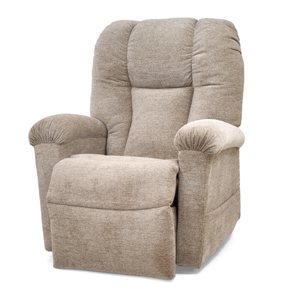 The Golden Tech PR527 Cloud Recliner With Lift Assist & Twilight - SM/MD is a beige power lift chair with a high back, cushioned armrests, extended footrest, and memory foam bucket seat, shown against a white background.