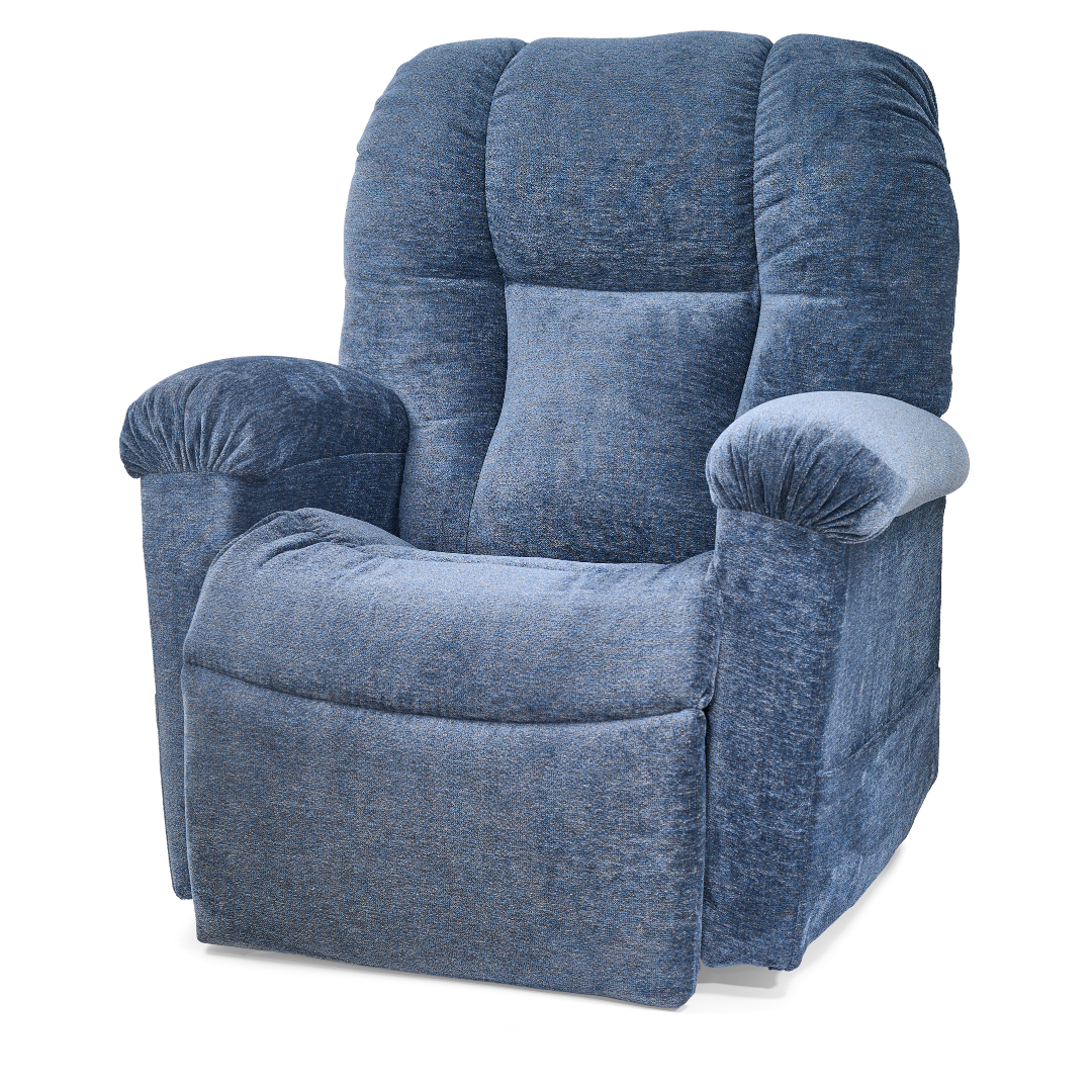 The Golden Tech PR527 Cloud Recliner With Lift Assist & Twilight (SM/MD) features plush blue upholstery, memory foam, cushioned backrest, and padded armrests, shown against a white background.