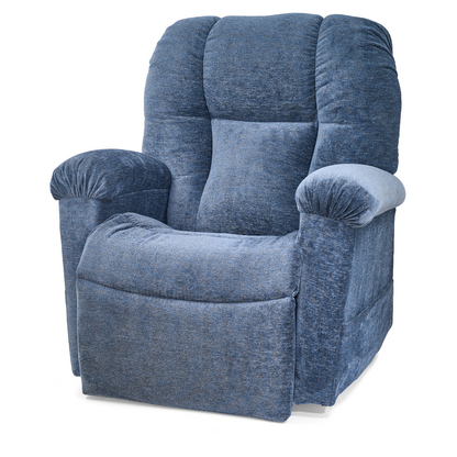 The Golden Tech PR527 Cloud Recliner With Lift Assist & Twilight (SM/MD) features plush blue upholstery, memory foam, cushioned backrest, and padded armrests, shown against a white background.
