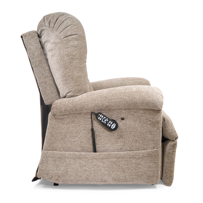 A side view of the Golden Tech PR527 Cloud Recliner With Lift Assist & Twilight - SM/MD in beige, featuring cushioned seating, a memory foam bucket seat, an extended footrest, and a remote on the armrest against a white background.